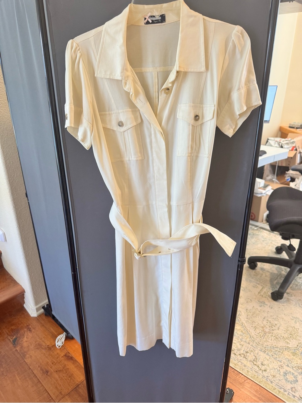 Short-Sleeve Cream Shirt Dress with Self-Tie Belt